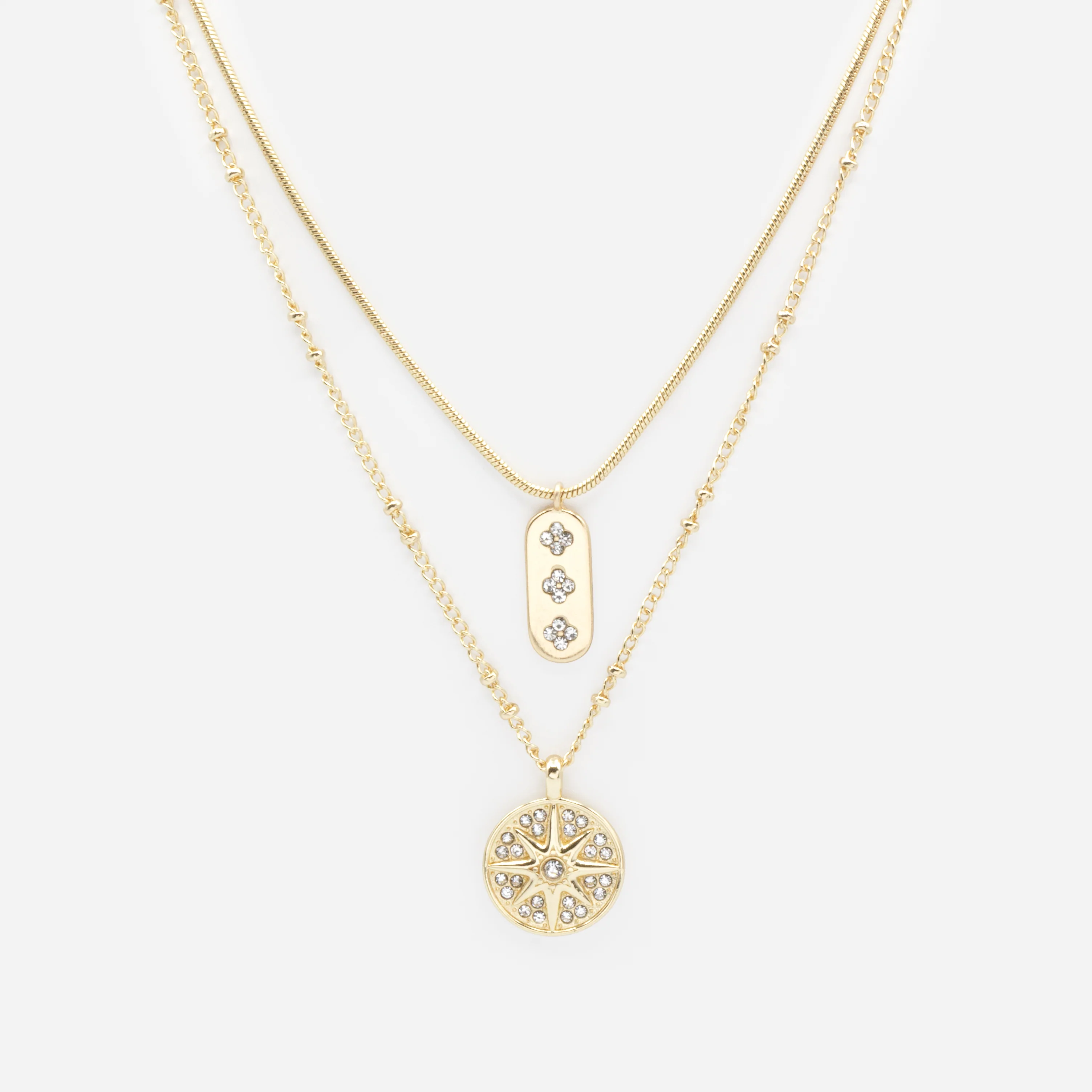 Collier doré double chaîne soleil et fleurs avec zircons cubiques