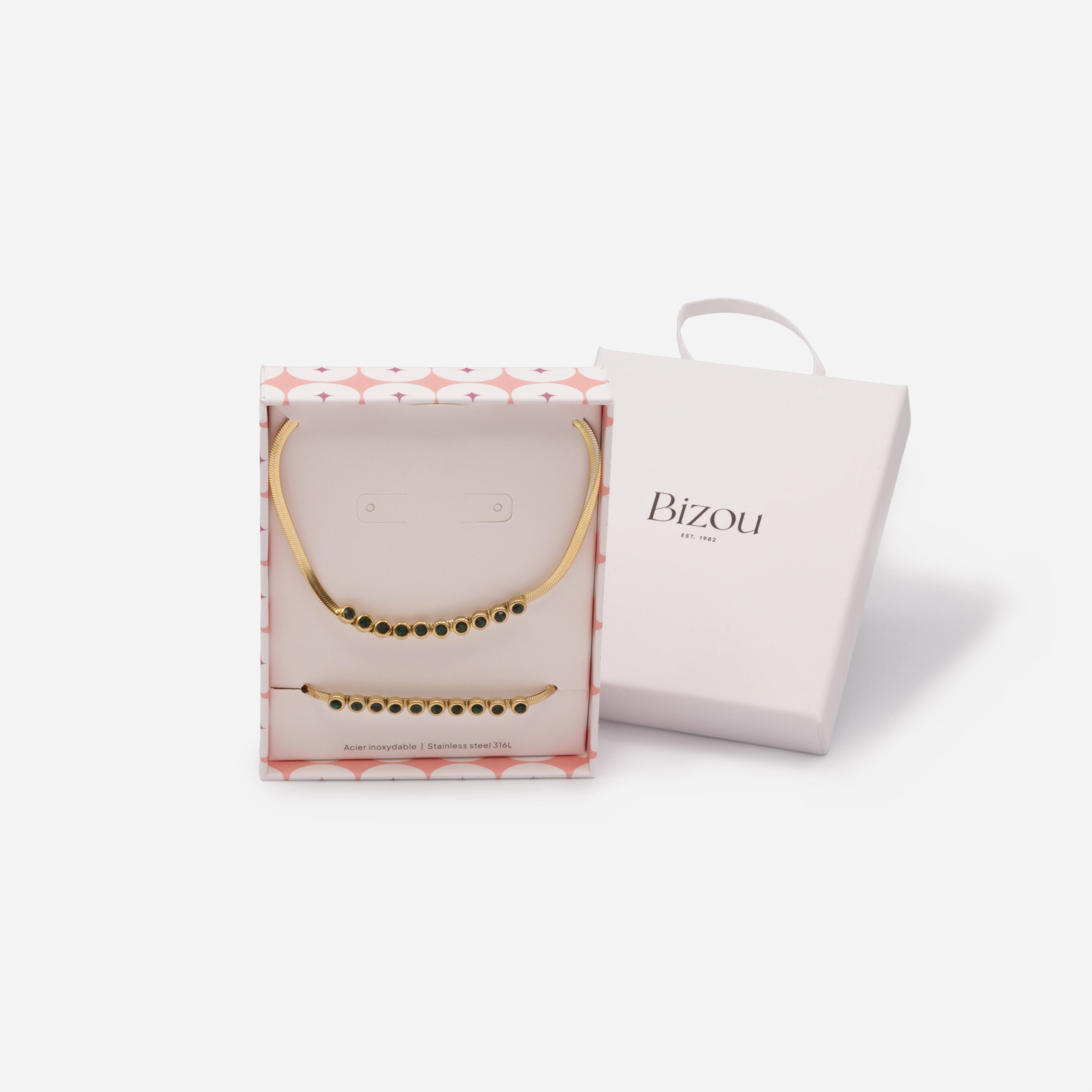 Ensemble chaîne gourmette et bracelet dorés avec pierres émeraude en acier inoxydable - Image 5