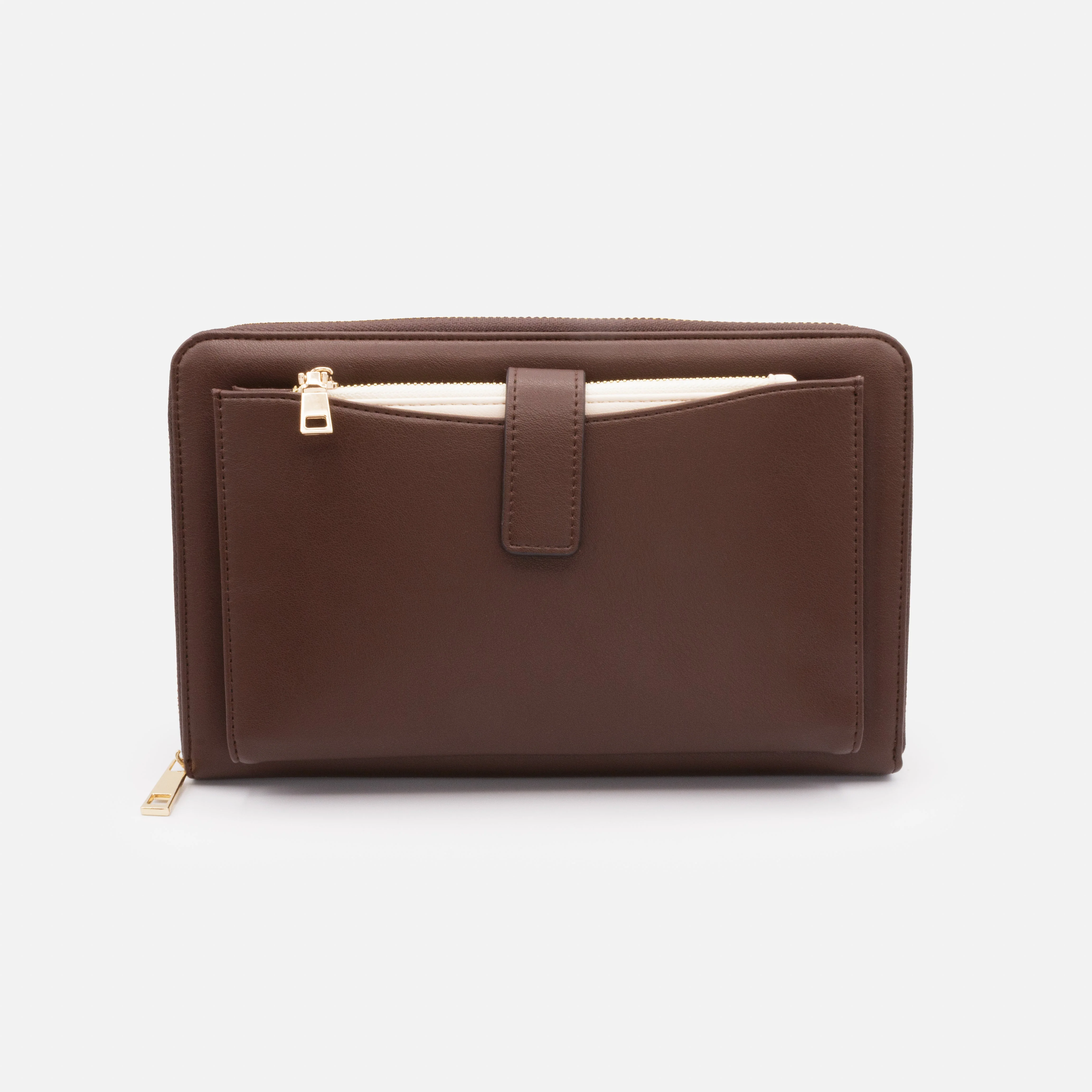 Très grand portefeuille brun foncé en PU & pochette ivoire amovible